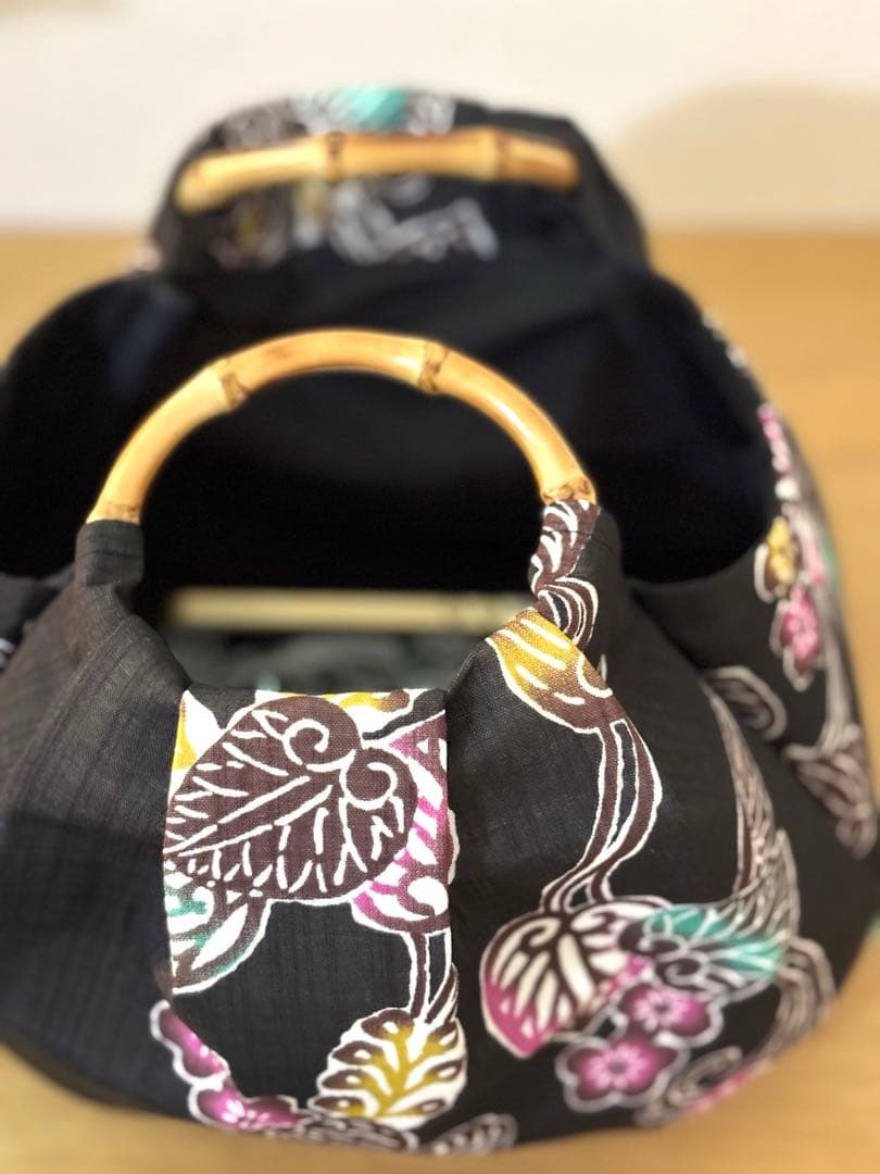 和装バック着物バック琉球紅型・琉球柄・葵の柄（黒）入学卒業結婚七五三振袖お宮参り
