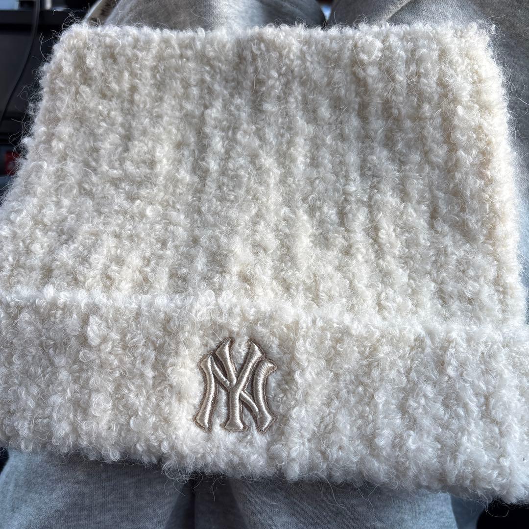 【数時間着用】韓国限定　MLBkoreaニット帽 クリーム　ネコ耳