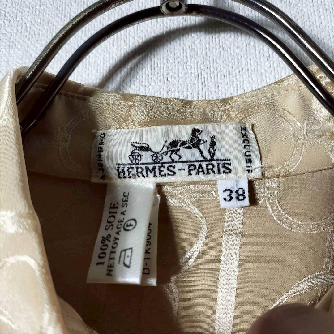 HERMES エルメス ロングワンピース プリーツ シルク100 長袖 襟 総柄
