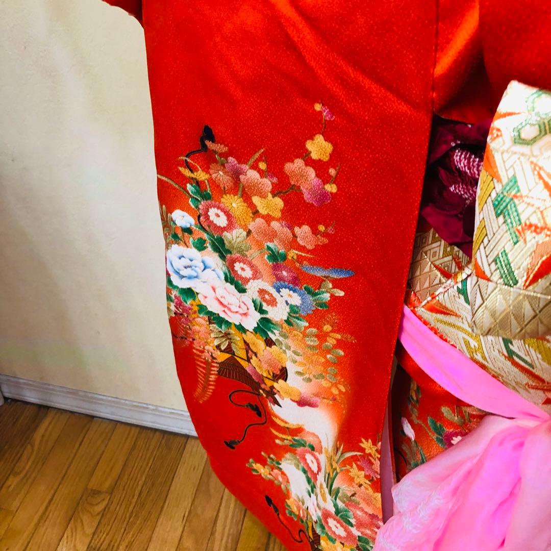 正絹七五三 女子着物 7歳❤️オレンジ可愛い花籠菊金彩金箔絢爛完全フルセット‼️