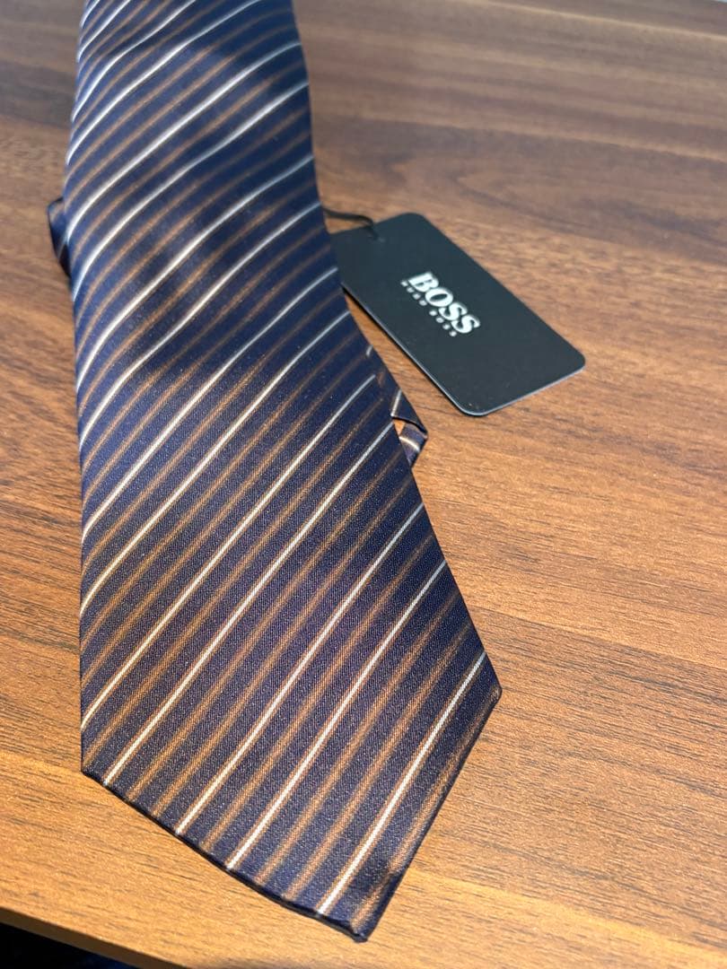 HUGO BOSS ネイビー ブラウン ストライプ 、ネクタイ、新品未使用品