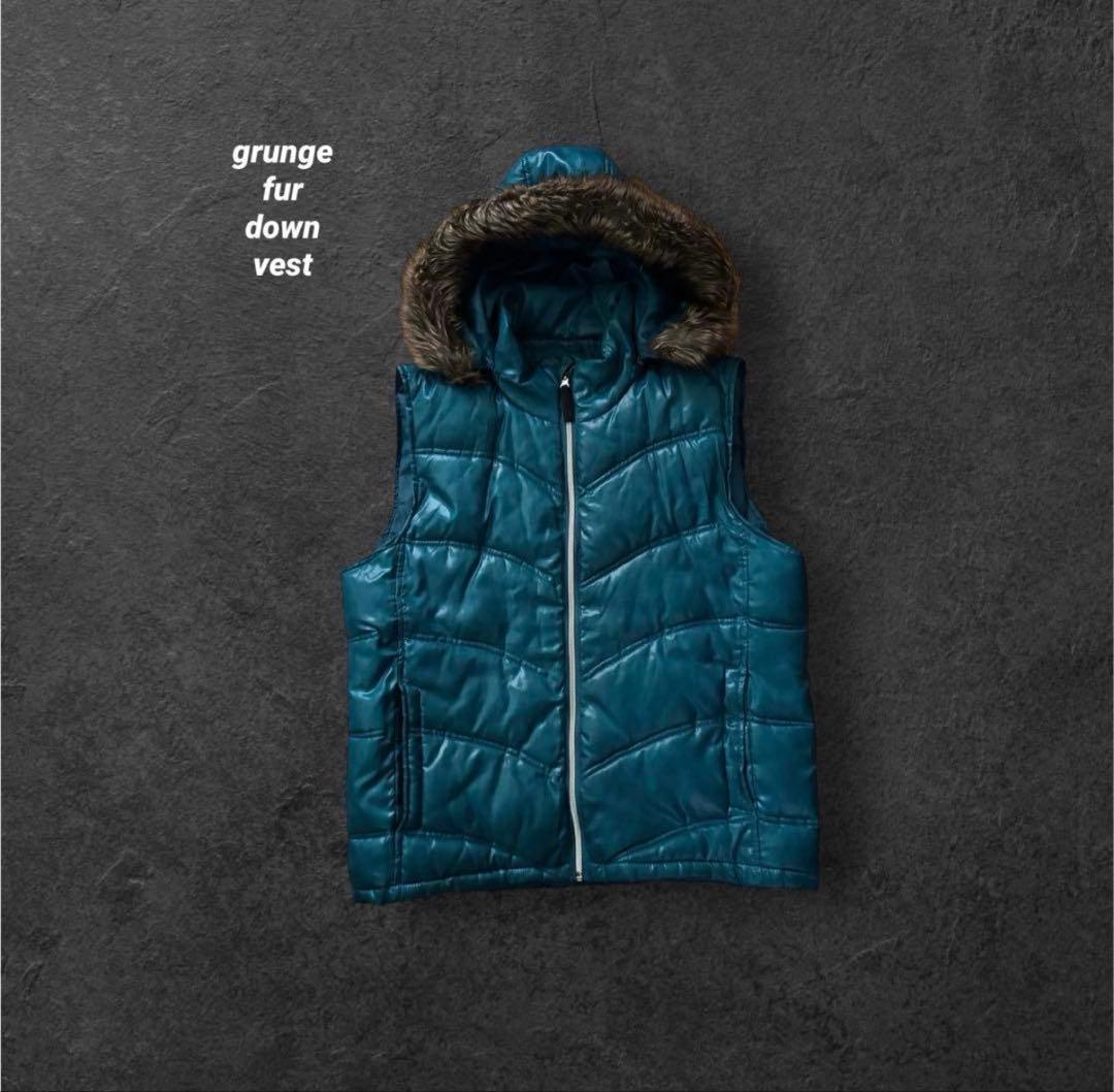grunge fur down vest y2k お兄系 XL