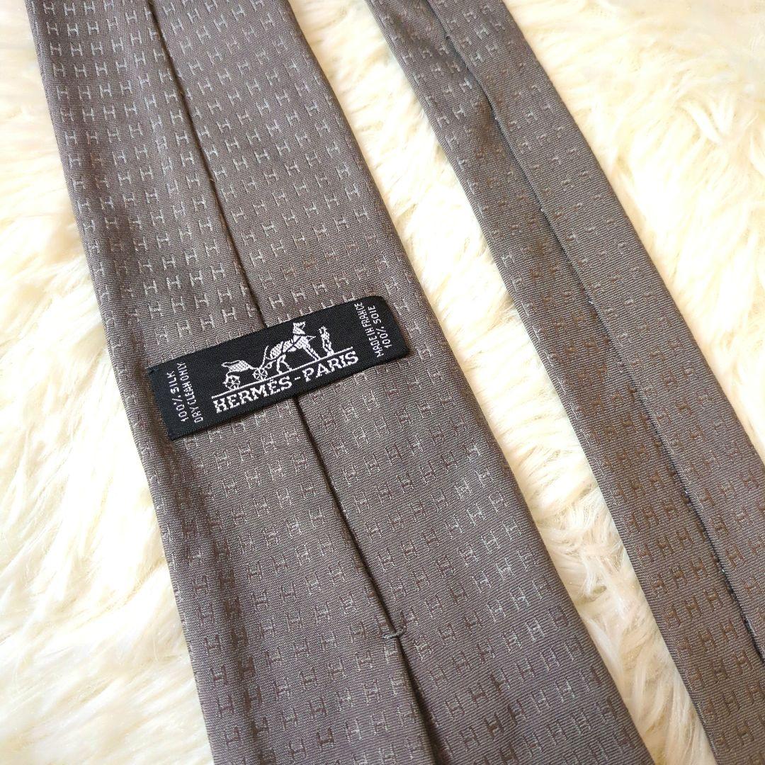 HERMES　エルメス　ネクタイ　ファソネ　総H柄 H織　グレー　灰色　シルク